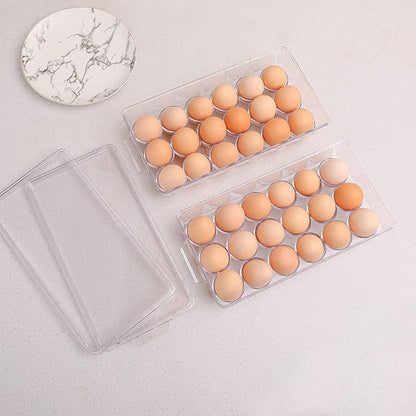 Sooyee 2 Pack Egg Holder for Refrigerator, Plastic Egg Storage Container, Fridge Egg Organizer, Clear Refrigerator Organizer Bins with Lids, Stackable Tray Holds 18 Eggs