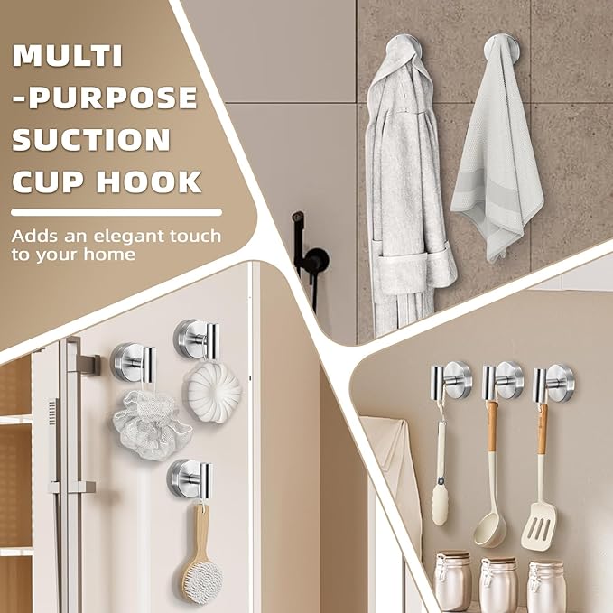 Fenas Suction Cup Hooks for Shower - Bathroom Reusable Hooks for Towels, Robes & Loofah - No-Drill Mounting on Kitchen,Walls,Metal,Glass,Mirrors,Tile & Smooth Non-Porous Surfaces (4, Brushed Nickel)