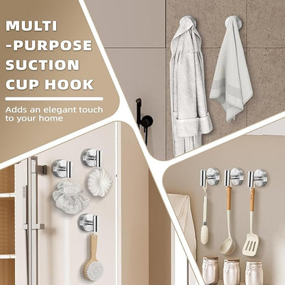 Fenas Suction Cup Hooks for Shower - Bathroom Reusable Hooks for Towels, Robes & Loofah - No-Drill Mounting on Kitchen,Walls,Metal,Glass,Mirrors,Tile & Smooth Non-Porous Surfaces (4, Brushed Nickel)