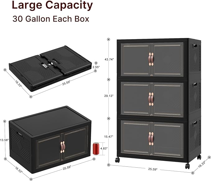 Extra Large Stackable Storage Bins, Lockable Storage Bins with Lids, Folding Storage box with Doors and Wheels, Collapsible Plastic Drawers for Home, Garage, Office (3, Black, Large)