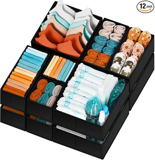 Criusia Drawer Organizer Clothes 12 Pack - Dresser Organizer Bins for Closet, Bedroom, Nursery Organization and Storage - Divider for Sock, Underwear, Bra, Baby Clothes, Small Toys