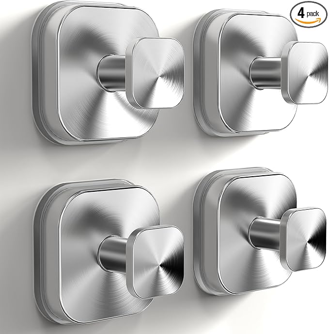 XCIXCI 4Pack Suction Cup Hooks for Shower, Bathroom, Glass Door – Heavy Duty Waterproof Suction Hooks for Towel, Loofah, Bath Robe and Wreath Hanging – No Drill Removable Hook, Brushed Silver