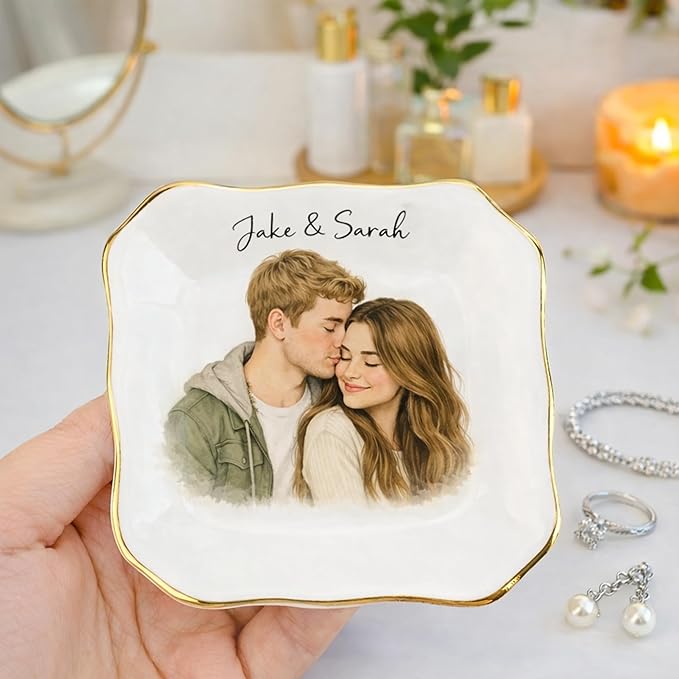 Famitrendz Personalized Couple Portrait Ring Dish, Custom Couples Photo Jewelry Dish, Custom Ring Holder Gifts, Picture Trinket, Engagement Valentines Wedding Gifts, Gift for Her, Women 1