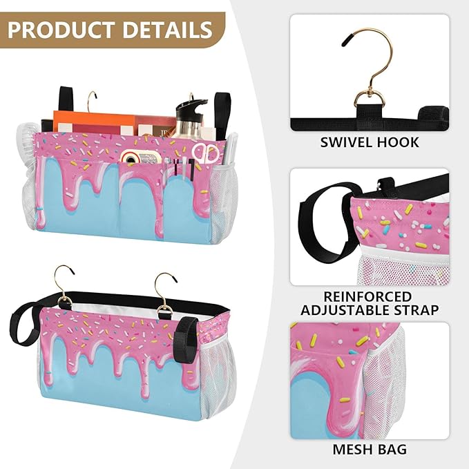 CuwrYet Bedside Caddy Hanging Bunk Bed Caddy Bed Organizer Hanging Pocket with 2 Hooks Bedside Storage Organizer Pocket Bag Holder Cartoon Dripping Frosting