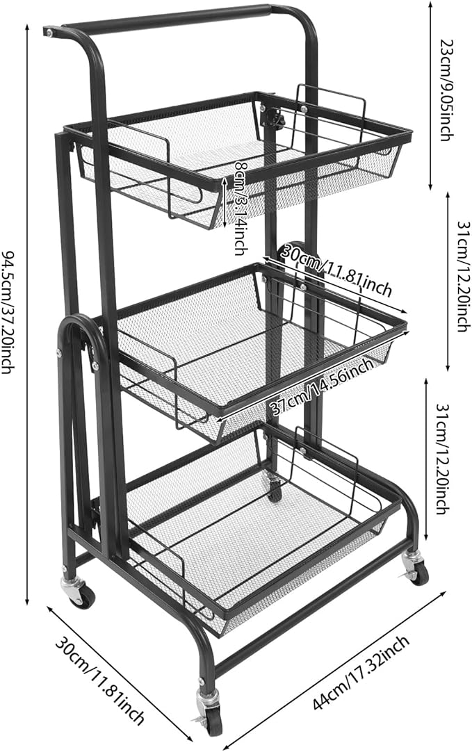 3 Tier Adjustable Storage Carts, Movable Utility Cart, Metal Rolling Cart, Multi-Functional Storage Trolley w/Wheels, Storage Shelves for Kitchen/Bathroom/Bedroom/Office (Black)