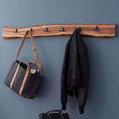 Alpine Natural Live Edge Wood 48-Inch Coat Rack with 6 Black Metal Hooks, Unique Natural Wood Characteristics, and Clear Finish for Entryway, Hallway, or Mudroom by Alaterre Furniture