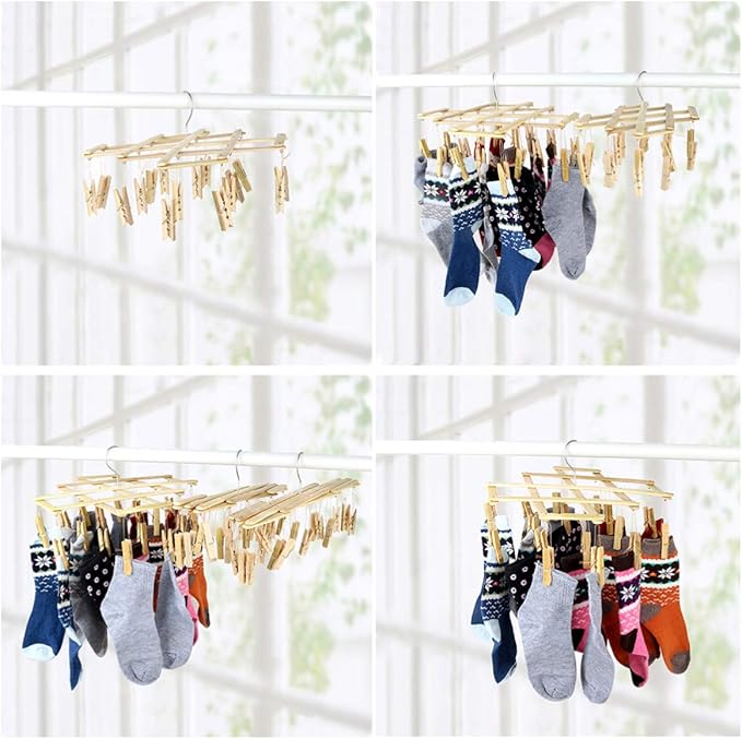 Folding Hangers Foldable Laundry Socks Hanging Rack Multi Hanger Socks Hook Dryer Folding Drying Rack Clothespin Baby Clip Wooden