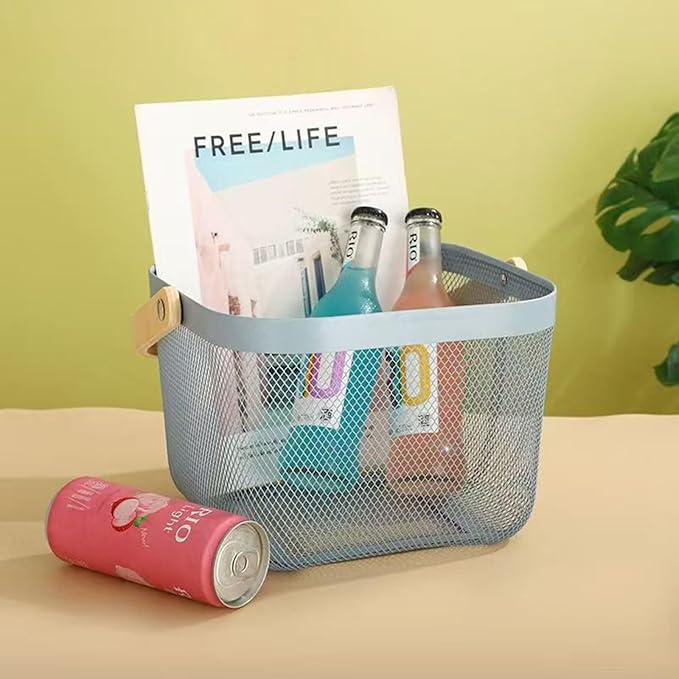 Metal Mesh Wire Basket, Small Steel Basket with Wooden Handle Storage Organizer Basket Multi-functional Hanging Kitchen Baskets Fruit Baskets for Kitchen Bathroom Cabinet Pantry Snacks, Blue