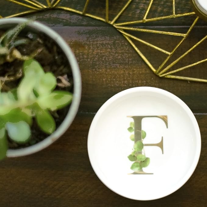 Trinket Tray Jewelry Dish with Monogrammed F in Gold Ring Holder - White Trinket Dish - Personalized Ring Dish or Jewelry Tray - Cedar & Ink (F)