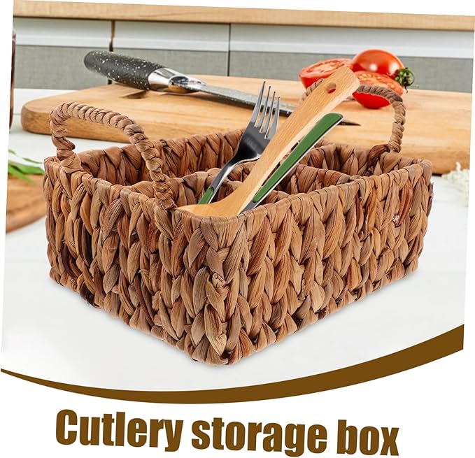 Rattan Storage Basket Woven Cutlery Basket Hyacinth Straw Silverware Organizer Desktop Cutlery Storage