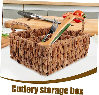 Rattan Storage Basket Woven Cutlery Basket Hyacinth Straw Silverware Organizer Desktop Cutlery Storage