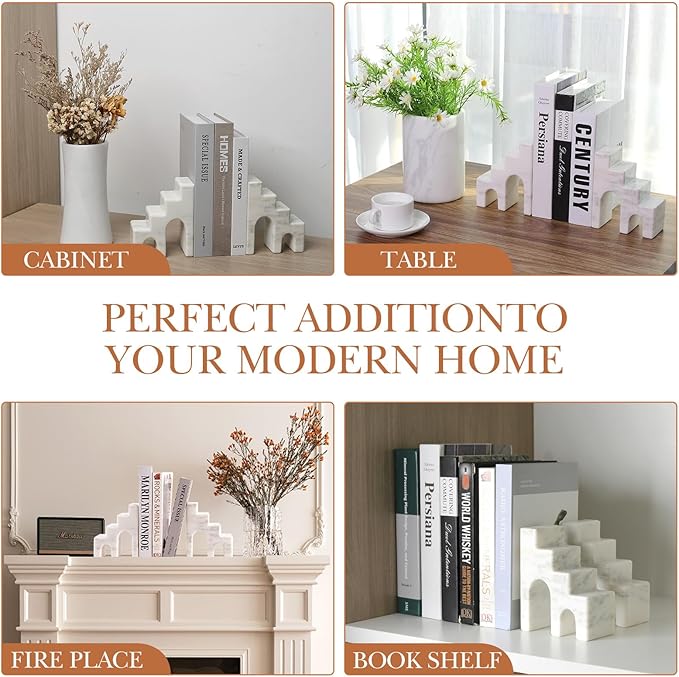Decorative Natural Marble Book Ends for Shelves, Aesthetic Stone Bookends for Heavy Books, Unique Castle Book Holder/Stopper for Chic Home, Office, or Library Any Bookshelf Decor, Set of 2 (White)