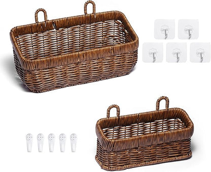 2 Pack Woven Storage Basket,Organizer Trays, Paper Box,Vintage Bin for Bathroom, Kitchen,Vanity Countertop Table Shelf, Open Storage Bins for Living Room, Bedroom, Balcony, Garden (Brown, ‎2 pc (S+M))