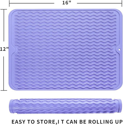 Silicone Dish Drying Mat for Multiple Usage,Easy clean,Eco-friendly,Heat-resistant Silicone Mat for Kitchen Counter or Sink,Refrigerator or drawer liner Light Purple L 16 inches x 12 inches