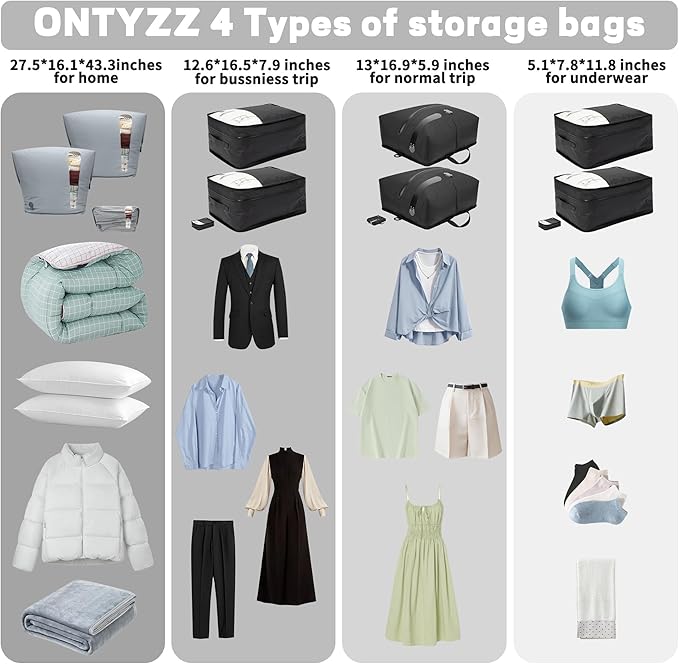 ONTYZZ Travel Vacuum Compression Bags 12 inch Space Saver Bags Vacuum Travel Case with IP67 Waterproof Zipper for Socks, Underwear, Two Bag Black