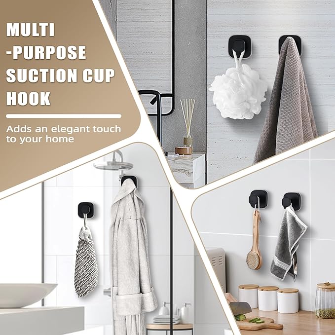 Fenas Suction Cup Hooks for Shower - Resuable Bathroom Hooks for Towels, Robes & Loofah - No-Drill Mounting on Kitchen,Walls,Metal,Glass,Mirrors,Tile & Smooth Non-Porous Surfaces (2, Matte Black)