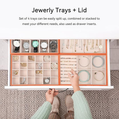 Voova Stackable Jewelry Organizer Tray with Lid, PU Leather Jewelry Storage Holder for Drawer Inserts, Jewellery Display Box Case for Earring Necklace Ring Watch Bracelet (Set of 4, Orange)