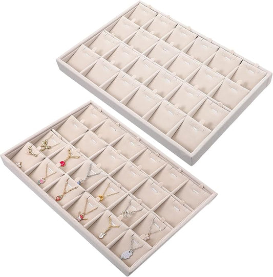 2 Pcs 24 Grids Stackable Jewelry Tray Organizer with Removable Dividers, Velvet Jewelry Display Tray for Earrings Necklaces Bracelet Rings Display Showcase - Beige