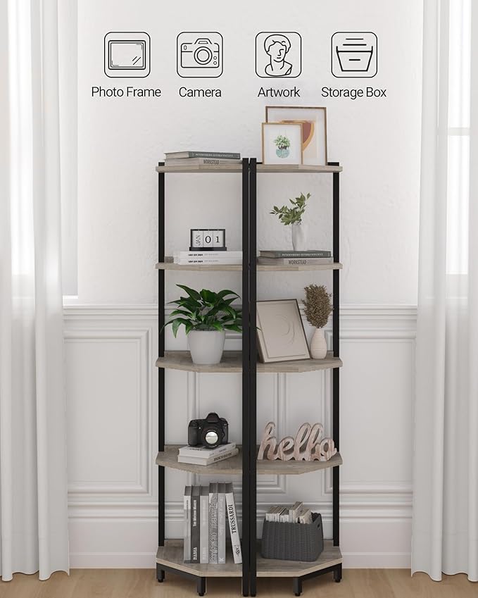 Corner Shelf Stand, Corner Bookshelf, Storage Standing Shelf Unit with Metal Frame, Plant Stand, Corner Bookcase for Living Room, Home Office, Bedroom, 5-Tier Greige CS05905B