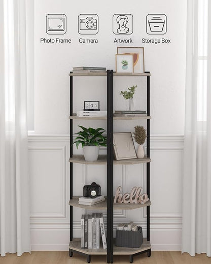 Corner Shelf Stand, Corner Bookshelf, Storage Standing Shelf Unit with Metal Frame, Plant Stand, Corner Bookcase for Living Room, Home Office, Bedroom, 5-Tier Greige CS05905B