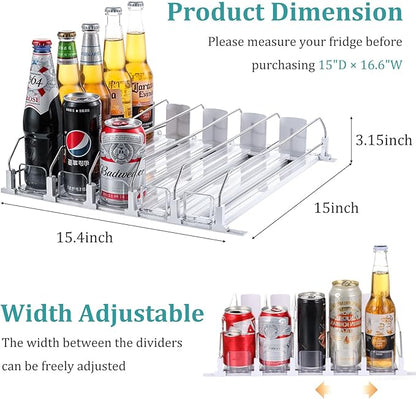 Lemecima Drink Organizer for Fridge, Soda Can Organizer Dispenser for Refrigerator with Automatic Pusher Glided, Width Adjustable Clear Dividers Can Holder for 6-20oz Beverage, 15''D x15.4''W, 5 Rows