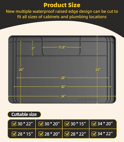 Under Sink Mats for Kitchen Waterproof, 34" X 22" Or Smaller Cut to Fit Under Sink Drip Tray for Kitchen Bathroom Cabinets, Silicone Liner Hold Up to 3.3 Gallons Liquid - Grey