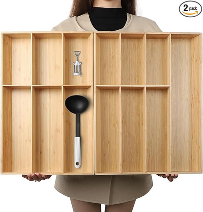 V-Shaped Extra Large Bamboo Drawer Organizer Set of 2, Kitchen Cutlery Tray Utensil Plate, Flatware&Silverware Storage Box, Wood Organizer for Bedroom, Living Room (19.6"x14.6" & 19.6"x12.4")