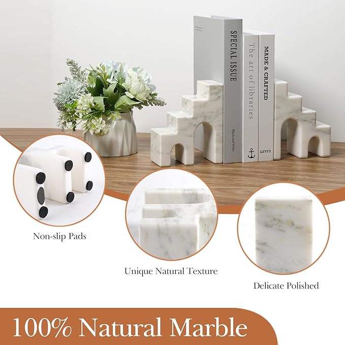 Decorative Natural Marble Book Ends for Shelves, Aesthetic Stone Bookends for Heavy Books, Unique Castle Book Holder/Stopper for Chic Home, Office, or Library Any Bookshelf Decor, Set of 2 (White)