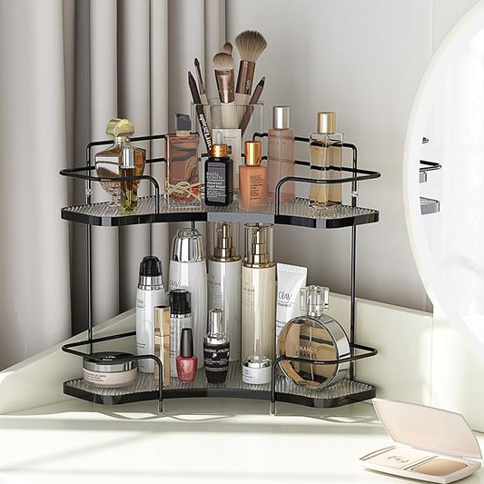 FOLLOWIN 2 Tier Bathroom Countertop Corner Organizer,Countertop Perfume Tray,Vanity Counter Shelf,Skincare Makeup Cosmetic Vanity Organizers,Elegant Black