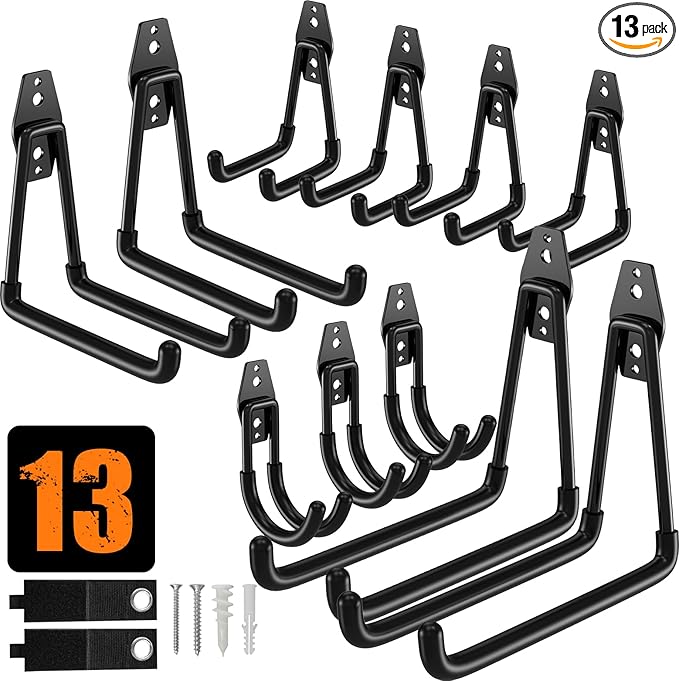 QcoQce 13 Pack Garage Hooks Heavy Duty with 2 Extension Cord Straps,Garage Storage Hooks, Wall Mount Hooks, Garage Organization and Tool Hangers for Bike, Ladder, Ropes and Garden Tools