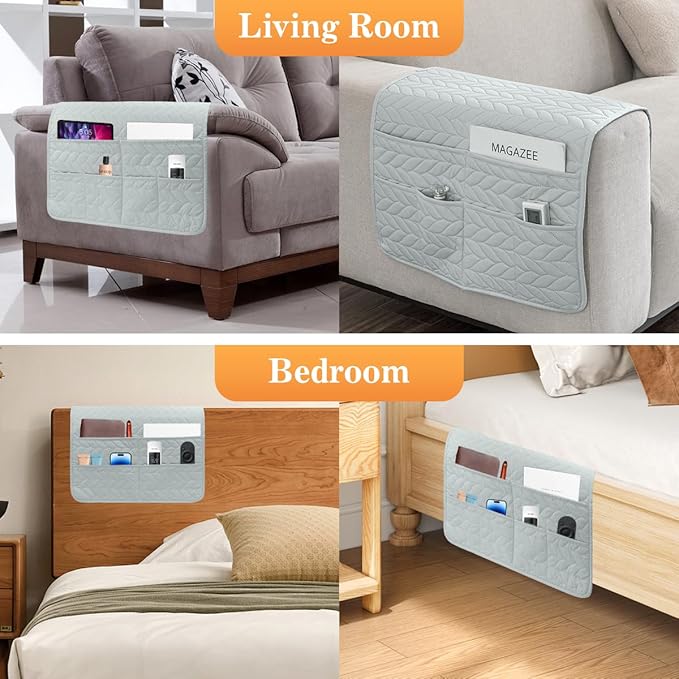 HADEEONG Sofa Armrest Organizer Arm Chair Caddy for Recliner, Remote Control Holder for Recliner, Non-Slip Armchair Caddy with 6 Pockets Storage for Magazine, Tablet, Phone, Light Grey