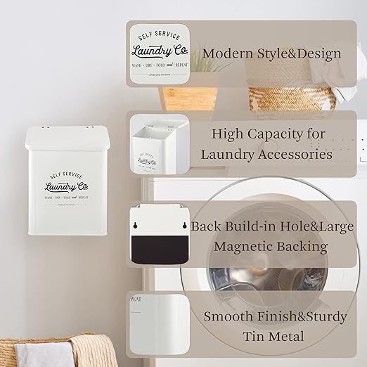 Magnetic Lint Bin for Laundry Room, Metal Trash Can with Lid for Dryer, Farmhouse Lint Holder, Laundry Co Sign, Laundry Room Storage Decor with Dryer Lint Brush(White)