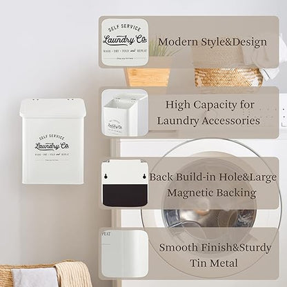 Magnetic Lint Bin for Laundry Room, Metal Trash Can with Lid for Dryer, Farmhouse Lint Holder, Laundry Co Sign, Laundry Room Storage Decor with Dryer Lint Brush(White)