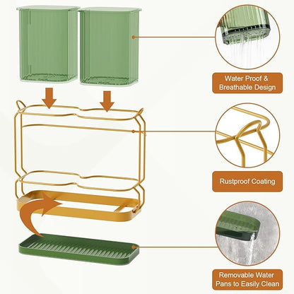 First-zgel Kitchen Utensil Holder Wall Mount, 6.7" Silverware Holder for Kitchen Countertop, Toothbrush Holders Utensil Drying Holder with Drain Tray for Silverware,Spatula (Green)