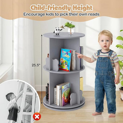 Costzon Kids Rotating Bookshelf, 2 Tier Small Book Shelf with Bookends, 360° Display Spinning Bookshelf Tower, Corner Bookshelf for Small Space, Kids Room, Bedroom, Nursery (Grey)
