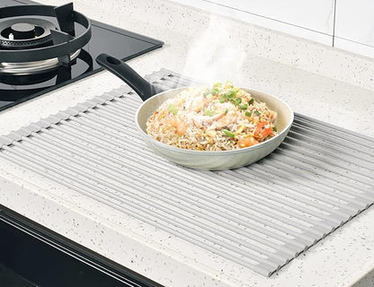 Surpahs 20.5 x 15.5 Inch Roll-Up Dish Drying Rack, Fits Sinks up to 19.5 Inch Wide, Heavy-Duty Premium Silicone, Strong Support, Non-Slip, Heat-Resistant, Warm Gray