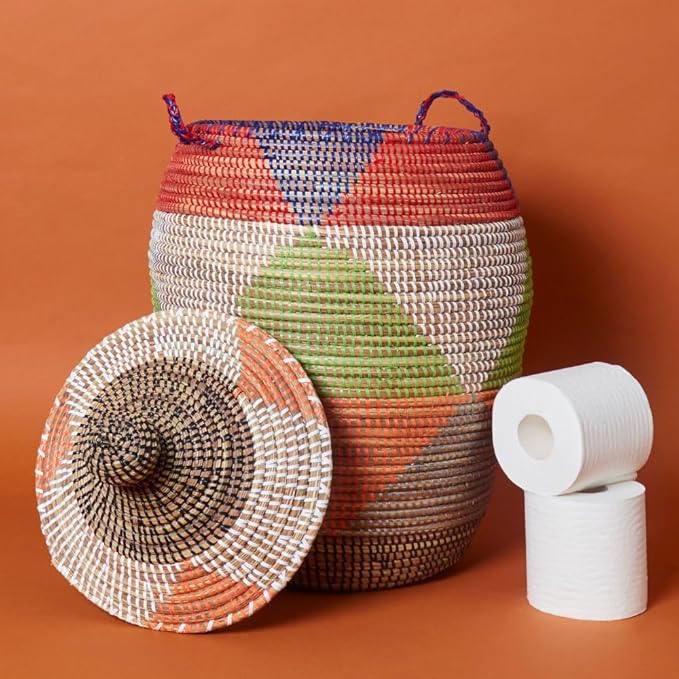 Small Storage Basket, Organizing, Storage, Wicker, Woven, With Lid, Handles, 12" Wide, 14" Tall (Colorful Triangles)