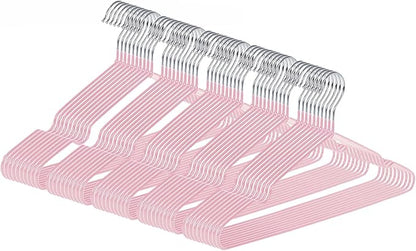 gofuch Ultra-Thin Metal Hangers, 50 Pack Non-Slip PVC Coated Space Saving Clothes Hangers for Closet, 16 inch Wide for Suits, Dresses, Jackets（Pink）