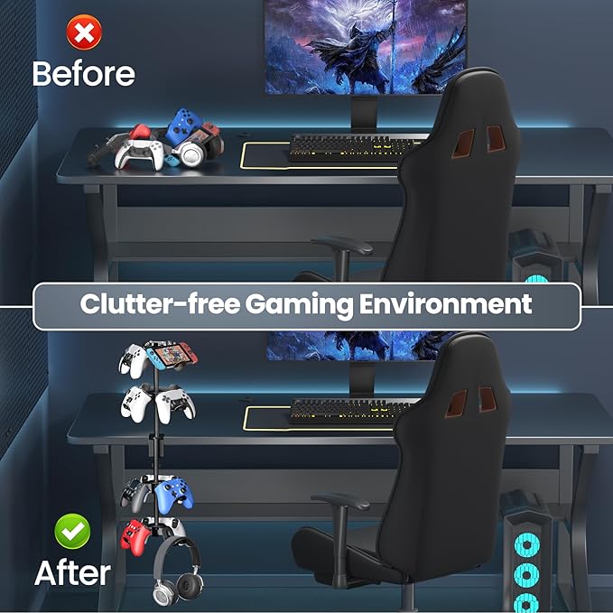 Rotatable Aluminum Desk Clamp Controller Holder, 4 Tier Universal Under Desk Controller Headphone Stand Compatible with Xbox PS5 Nintendo Switch PS4, Gaming Headset Holder Hanger (Black)