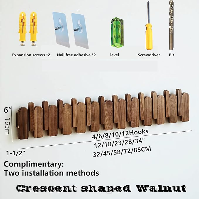 Wall Mounted Coat RackHooks Piano Key Hangers Natural Solid Wood Hanger Non-Woven Fabric Clothes Hangers for Closet, Kitchen, Bedroom, Bathroom, Entryway (Moon Walnut-Beech, 6 Hooks)