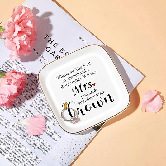 PUDDING CABIN Mrs Ring Dish, Engagement&Wedding Gifts for Women, Bridal Shower Present,Ceramic Jewelry Tray, 4.5"