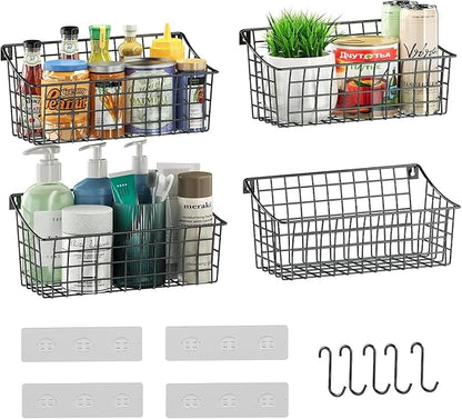 Sonyabecca 4 Pack Hanging Wall Basket for Organizing, Large Wire Basket for Storage Pantry with 5 S Hook+4 Adhesive Hook, Wall Mounted Shelf for Kitchen Bathroom
