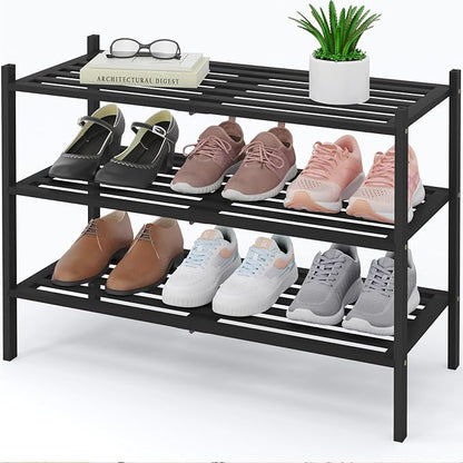 Smiry Bamboo Shoe Rack 3-Tier, Stackable Wooden Shoe Organizer for Entryway & Closet, Free Standing Wood Shoe Storage Shelf for Front Door & Small Spaces, Black
