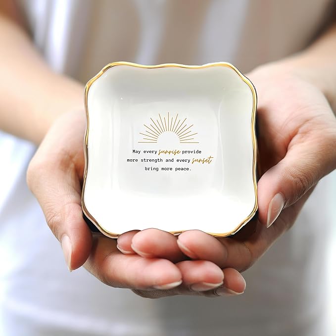 HatafaFurni Ring Dish for Uplifting Sympathy or Grief Gift, Sympathy Dish for Loss of Loved One, Grieving Gift for Women, May Every Sunrise Provide More Strength, Ceramic Ring Dish Holder Jewelry Dish