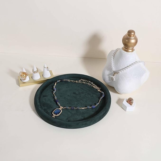 GemeShou Round Jewelry Organizer Plate, Top Microfiber Velvet Jewelry Display Tray, Empty Jewelry Showcase Tray for Necklaces, Bracelets, Rings, Earrings (Green-Large, 9.8 x 9.8 in)