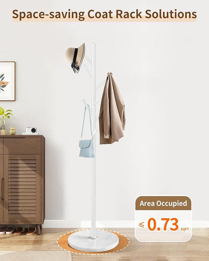 Modern Coat Rack Stand, Metal Freestanding Coat Rack with Natural Marble Base, White Coat Racks with 8 Hooks and Coat Hanger Tree Jacket Stand for Office, Entryway, Hallway
