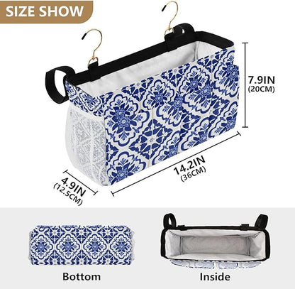 CuwrYet Bedside Caddy Hanging Bunk Bed Caddy Bed Organizer Hanging Pocket with 2 Hooks Bedside Storage Organizer Pocket Bag Holder Floral Blue and White Geometric