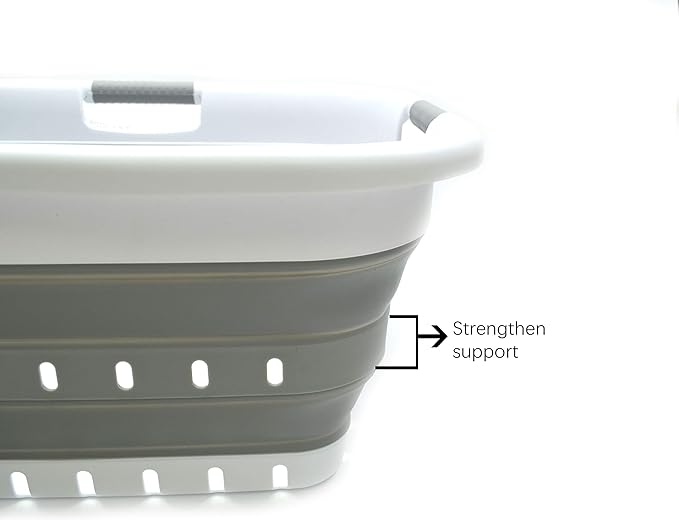 SAMMART 41L (10.8 gallon) Set of 2 Collapsible 3 Handled Plastic Laundry Basket-Foldable Pop Up Storage Container/Organizer-Space Saving Hamper/Basket (2, White/Grey)