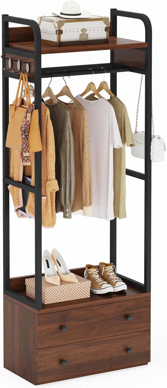 LITTLE TREE 75 inch Tall Freestanding Closet Organizer Small Clothes Rack Coat Rack with Drawers and Shelves, Heavy Duty Small Garment Rack Industrial Hall Tree for Hallway Entryway Bedroom