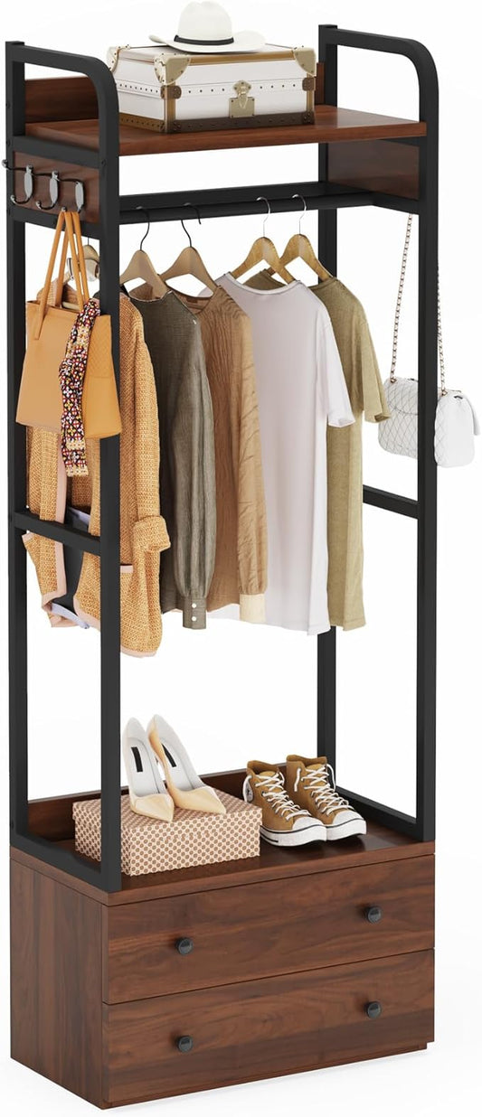 LITTLE TREE 75 inch Tall Freestanding Closet Organizer Small Clothes Rack Coat Rack with Drawers and Shelves, Heavy Duty Small Garment Rack Industrial Hall Tree for Hallway Entryway Bedroom